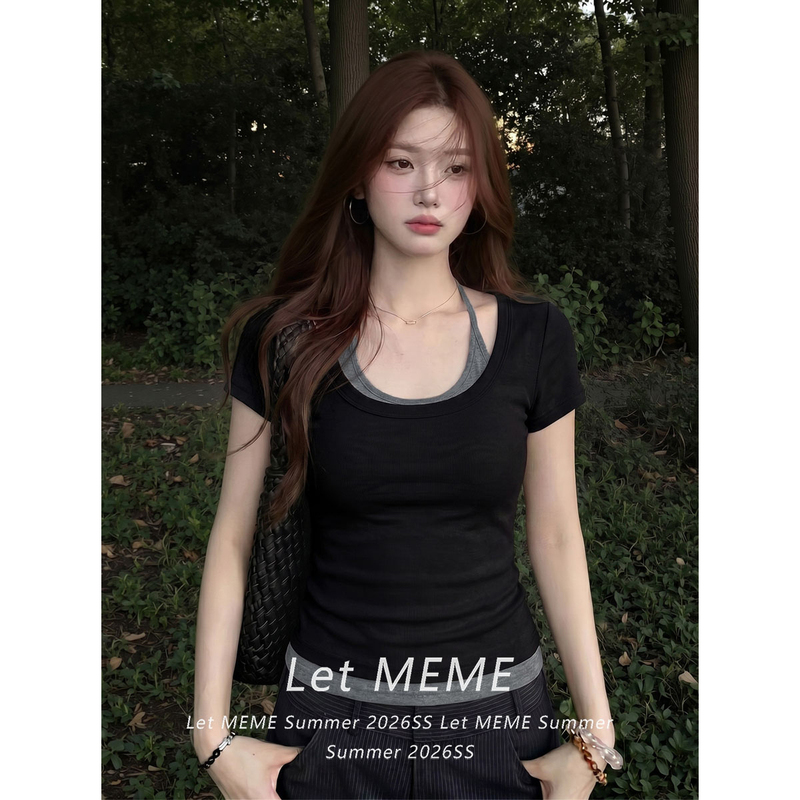 Black Fake Two-Piece Halter Neck U-Neck Short-Sleeve T-Shirt for Women, Summer Design, Slim Fit, Waist-Cinching, Slimming Short Top Black Fake Two-Piece Halter Neck U-Neck Short-Sleeve T-Shirt for Women, Summer Design, Slim Fit, Waist-Cinching, Slimming Short Top