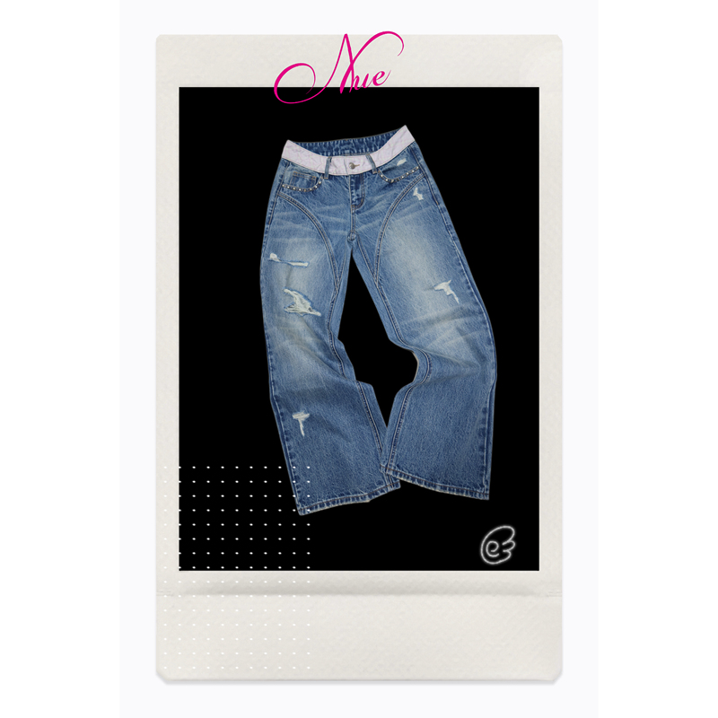 Nue2026 Autumn Plaid Patchwork Waistband Ripped Rivet Low-Rise Straight-Leg Denim Pants Korean Asian American High School Y2K Nue2026 Autumn Plaid Patchwork Waistband Ripped Rivet Low-Rise Straight-Leg Denim Pants Korean Asian American High School Y2K