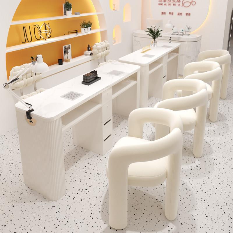 Chinese Beauty Industry Cream-Style Manicure Table and Chair Set with Vacuum Cleaner Socket, Marble Manicure Table