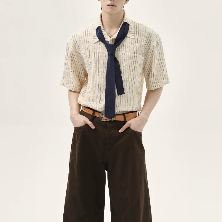 Japanese-Style Workwear Striped Short-Sleeve Shirt for Men, Summer Tie Top, Loose Casual Unisex College Style Mid-Sleeve Shirt Japanese-Style Workwear Striped Short-Sleeve Shirt for Men, Summer Tie Top, Loose Casual Unisex College Style Mid-Sleeve Shirt