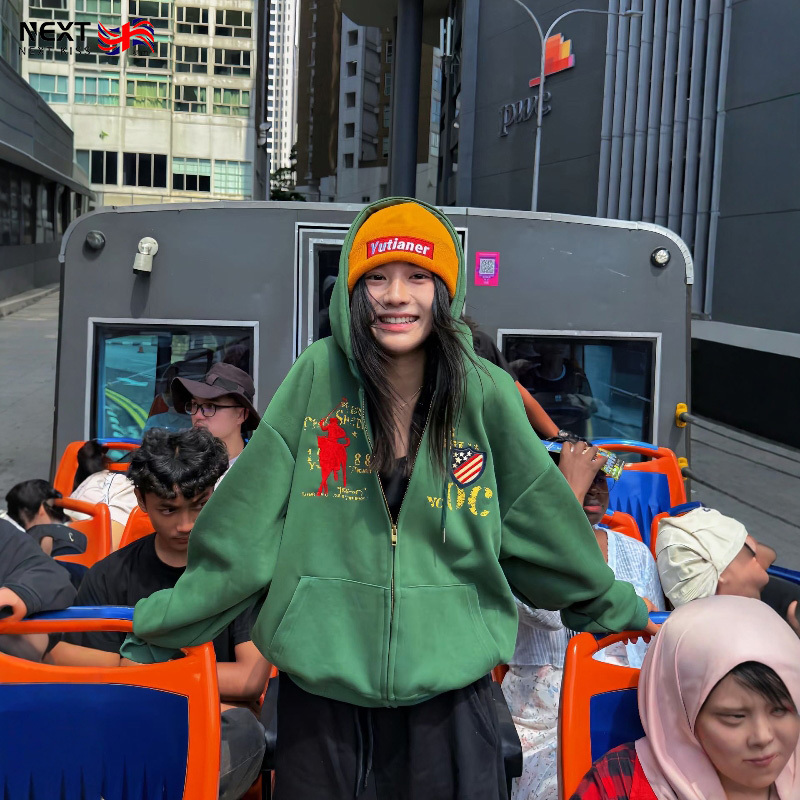 French Mdcw American Retro Green Hooded Sweatshirt Jacket for Women, Spring and Autum Loose Zipper Cardigan Jacket