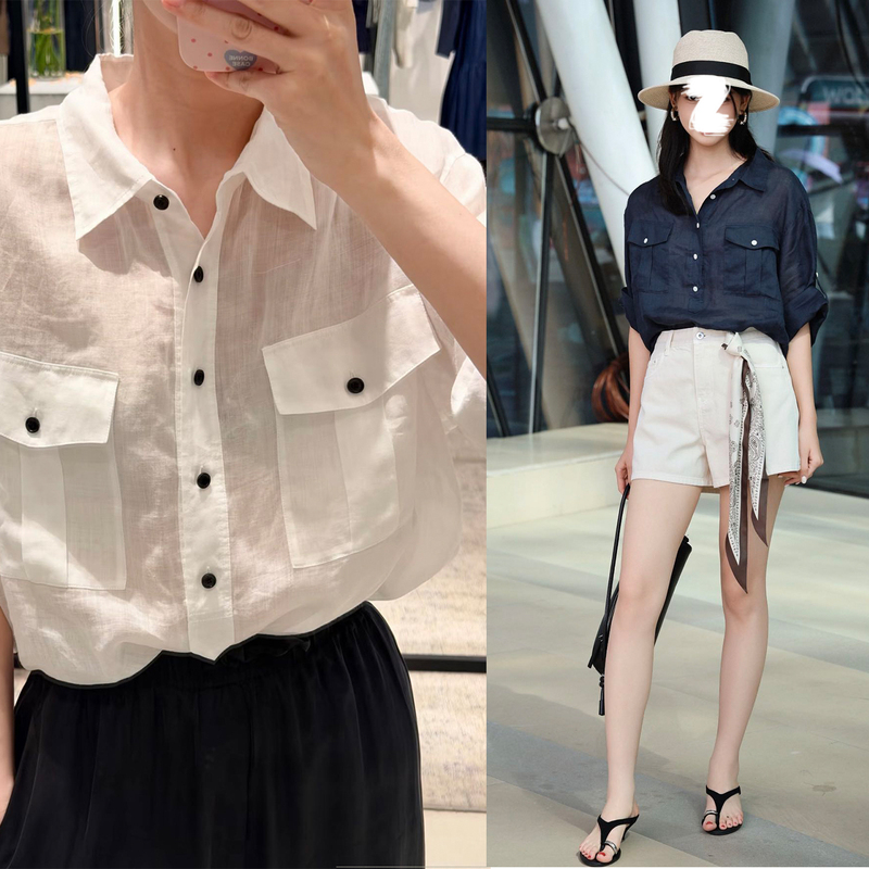 Lightweight Ramie New Product with Cuffed Sleeves, Workwear Pockets, Loose-Fitting Top, Shirt