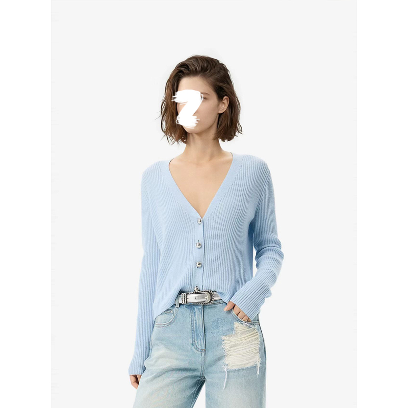 An Ye's Three-Quarter Length/Long-Sleeved Knit Cardigan Sweater in Sky Blue, Minimalist, with Wool Blend, French Light Luxury New Style