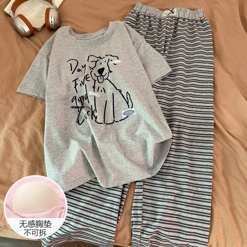 Korean Uamtor Women's Summer Modal Short-Sleeve Long Pants Cool Striped Dog Print Loungewear Set with Chest Pads