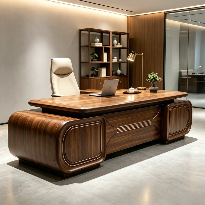 New Chinese-Style Solid Wood Executive Desk 2026 New Model Black Walnut Wood with Side Cabinet Office Desk Chairman's Office Desk
