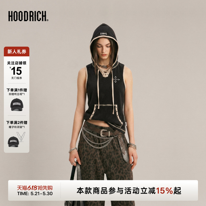 Hoodrich Cross Floral Embroidery Washed Vintage Punk Vest Summer Hot Girl Deconstructed Design Hooded Top for Women Hoodrich Cross Floral Embroidery Washed Vintage Punk Vest Summer Hot Girl Deconstructed Design Hooded Top for Women