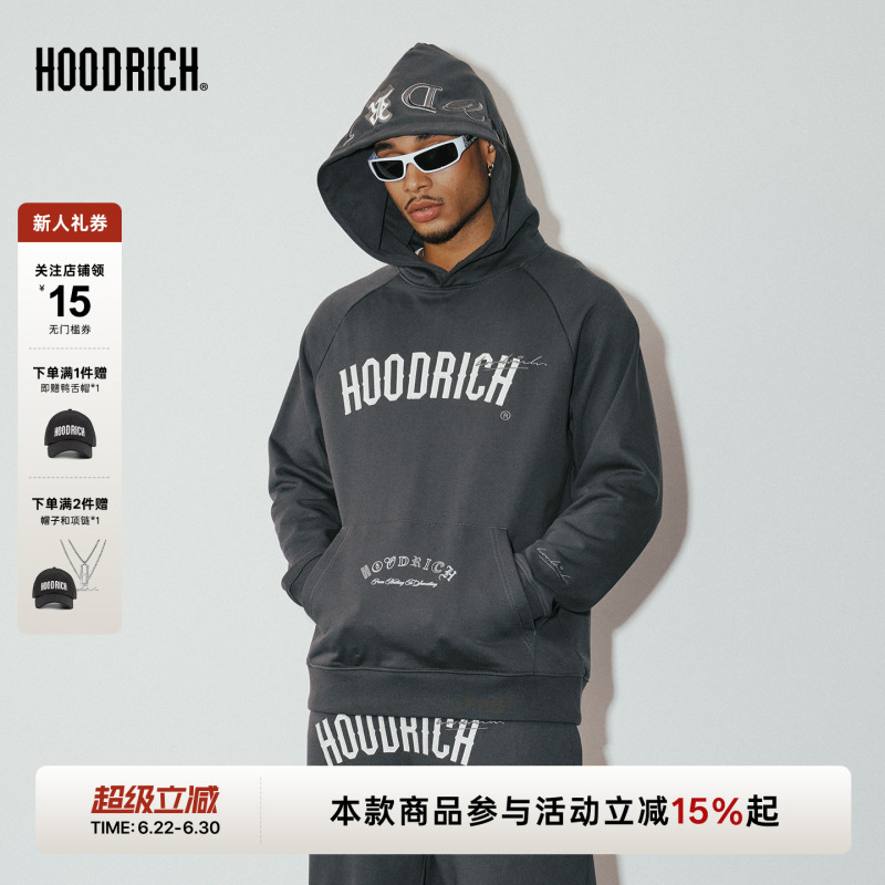 Hoodrich Patchwork Embroidered American Retro High Street Hooded Sweatshirt, Autumn Loose Casual Versatile Hoodie for Men