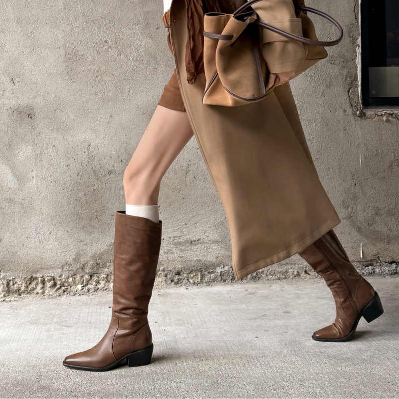 Italy丨Handmade Genuine Leather ⭐ Full-Grain Leather Vintage Pointed-Toe Chunky Heel High Boots for Women, Riding Boots, Long Boots.