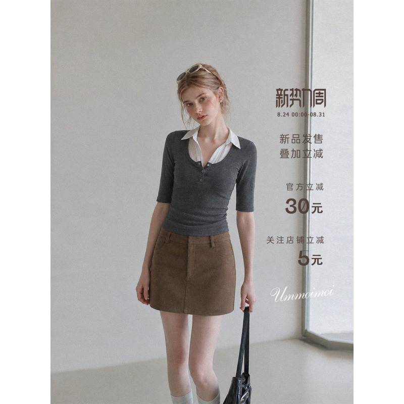 Ummoimoi Korean Style Gray Fake Two-Piece Design Lapel Mid-Sleeve T-Shirt for Women Early Autumn Workwear Slim Fit Top