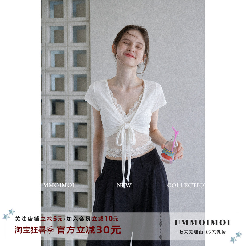 Ummoi Korean Style Sexy Lace Patchwork V-Neck Short-Sleeved T-Shirt for Women, Summer Sexy Lace-Up Slim-Fitting Top Two-Piece Set
