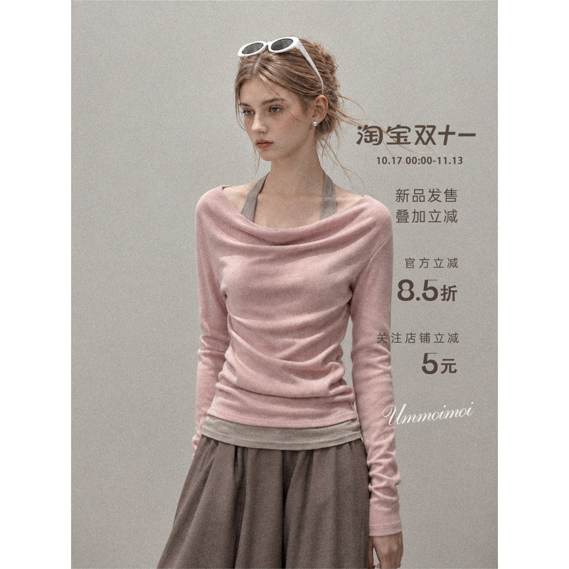 Ummoimoi Pink Fake Two-Piece Ruffled Slim-Fit Long-Sleeve Knit Top for Women, New Autumn and Winter Style, Gentle Feel Top