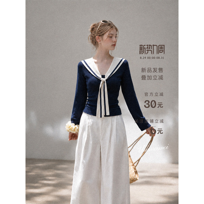 Ummoimoi Navy Blue Preppy Style Sailor Collar Shawl Long-Sleeved Knit Top for Women 2026 Early Autumn New Slim-Fit Top Ummoimoi Navy Blue Preppy Style Sailor Collar Shawl Long-Sleeved Knit Top for Women 2026 Early Autumn New Slim-Fit Top