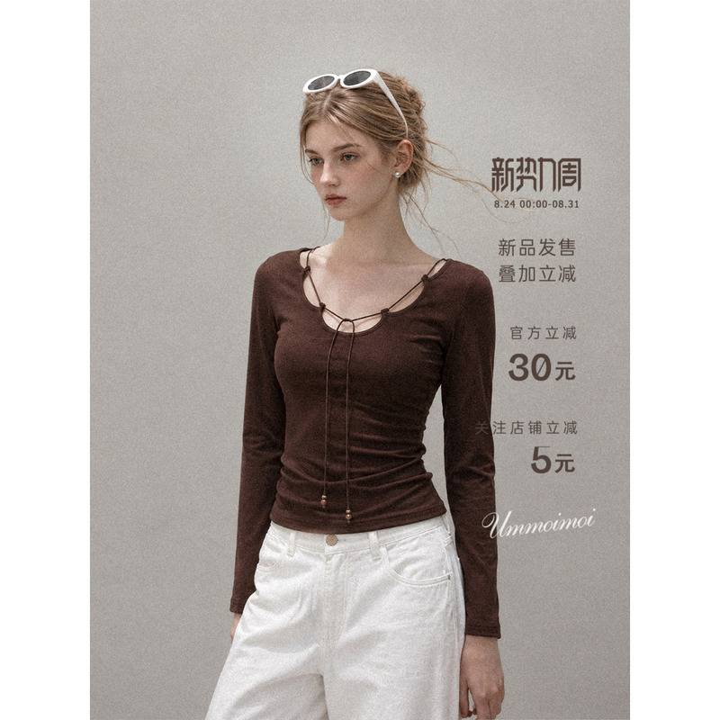 Ummoimoi Melard Lace-Up Hollow U-Neck Long-Sleeve T-Shirt for Women, Autumn Inner Wear, Stylish Slim-Fit Top Ummoimoi Melard Lace-Up Hollow U-Neck Long-Sleeve T-Shirt for Women, Autumn Inner Wear, Stylish Slim-Fit Top