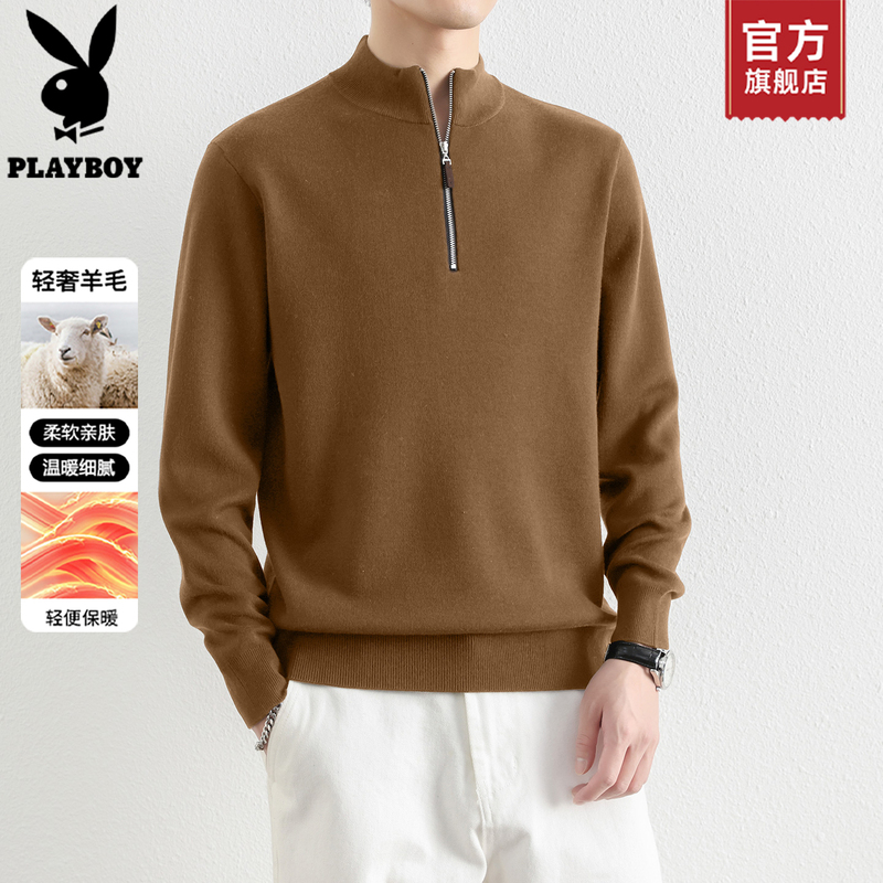 Playboy's New Winter Wool Sweater for Men, Half-Zip Stand-Up Collar Sweater, Thickened Warm Knitwear for Middle-Aged Men C