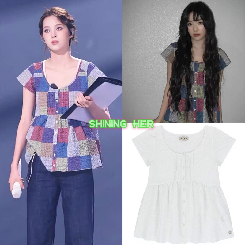 Buyer's Store *Coyseio Ouyang Nana and Jiang Seulgi's Same Style Classic Plaid Color-Blocked Short-Sleeve Shirt Top Buyer's Store *Coyseio Ouyang Nana and Jiang Seulgi's Same Style Classic Plaid Color-Blocked Short-Sleeve Shirt Top