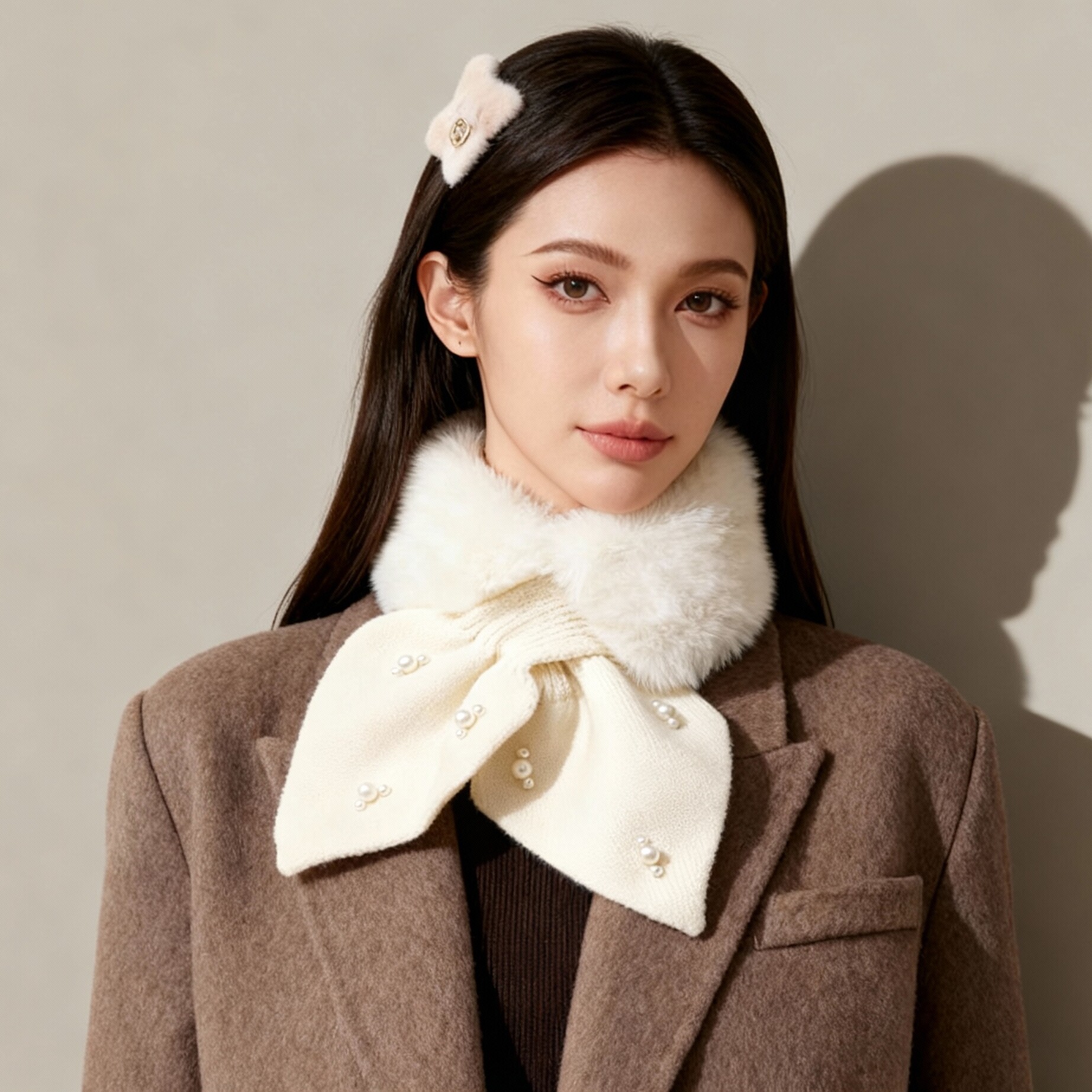 [Official Authentic Product] LNPL French Romantic Style Plush Scarf for Women, Autumn and Winter, Pearl Bow Warm Scarf