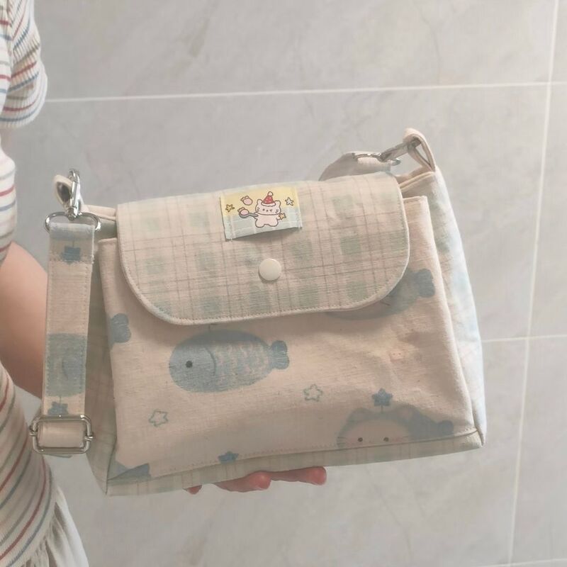 Milk Fufu Blue Fish Crossbody Bag, Soft and Cute Cat Pattern Plaid Flap Bag, Portable Everyday Commuting Versatile Canvas Bag Milk Fufu Blue Fish Crossbody Bag, Soft and Cute Cat Pattern Plaid Flap Bag, Portable Everyday Commuting Versatile Canvas Bag