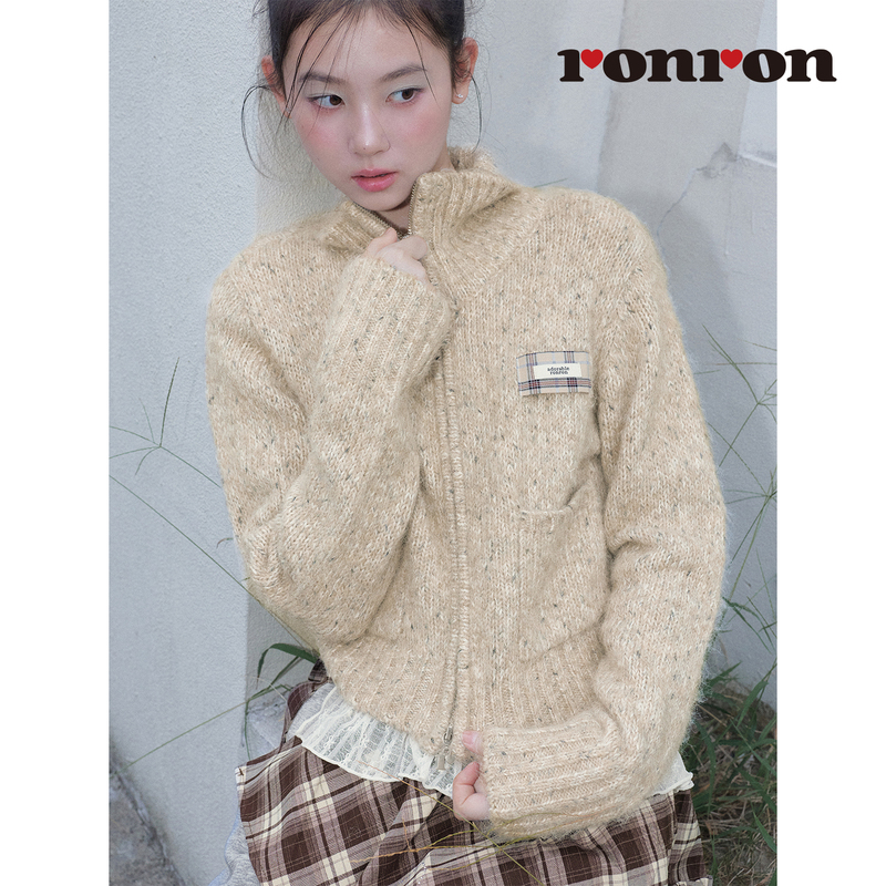 Ronron [Oatmeal Dots] 26 Autumn New Korean Style Old Money Style Double Zipper Floral Yarn Stand Collar Sweater Jacket for Women