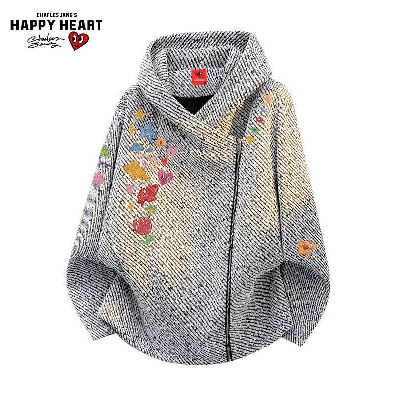 Charles Heart American-Style Twill Texture Hooded Jacket for Men and Women, New Irregular Diagonal Zipper Jacket for Spring and Autumn