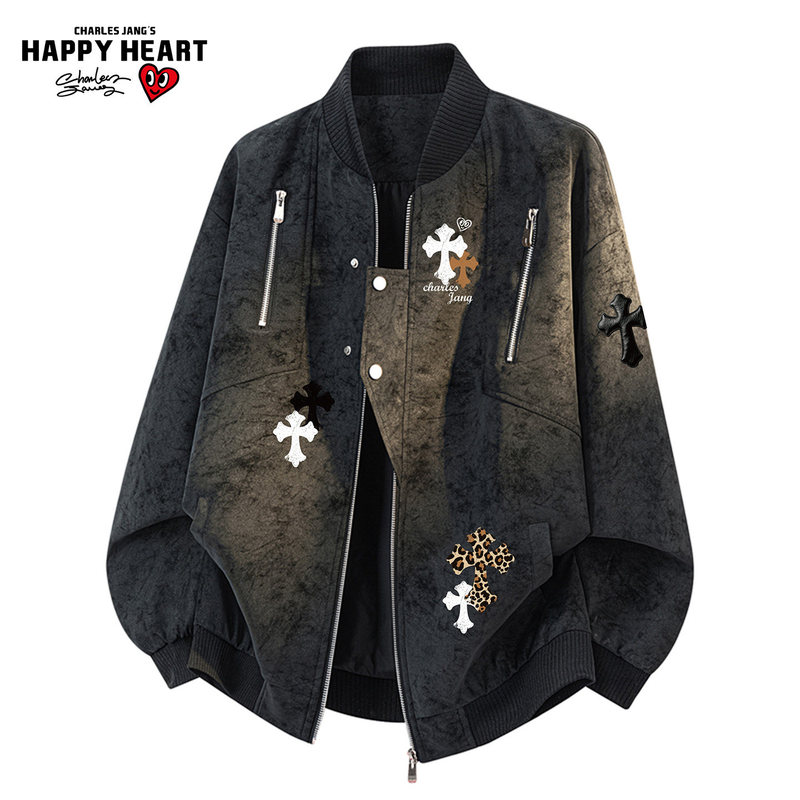 Charles Heart American-Style Tie-Dye Baseball Collar Jacket for Men and Women, Autumn Leopard Print Cross Loose Casual Trendy Coat Charles Heart American-Style Tie-Dye Baseball Collar Jacket for Men and Women, Autumn Leopard Print Cross Loose Casual Trendy Coat