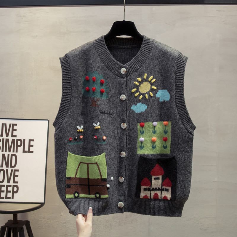 Autumn and Winter Three-Dimensional Crochet Women's Round-Neck Loose Knit Cardigan Vest Sleeveless Sweater Versatile Outerwear