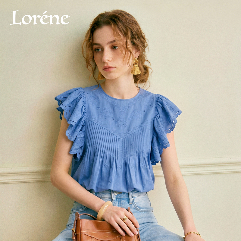 Lorene Lotus Leaf Layered Flutter Sleeve Embroidered Short-Sleeve Round Neck Draped Hollow Embroidery Vintage Style Women's Loose Top