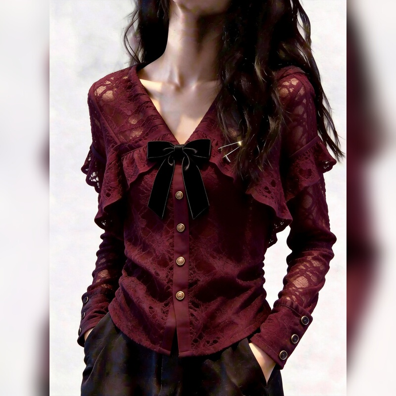 Lace Bow Shirt for Women, Long-Sleeved, Burgundy, Elegant, Niche Design, Fashionable Top, 2026 Autumn New Style Lace Bow Shirt for Women, Long-Sleeved, Burgundy, Elegant, Niche Design, Fashionable Top, 2026 Autumn New Style
