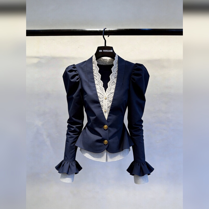 French-Style Fake Two-Piece Puff Sleeve Navy Blue Top, Feminine Slim-Fit Lace Blazer, New Autumn 2026 Model French-Style Fake Two-Piece Puff Sleeve Navy Blue Top, Feminine Slim-Fit Lace Blazer, New Autumn 2026 Model