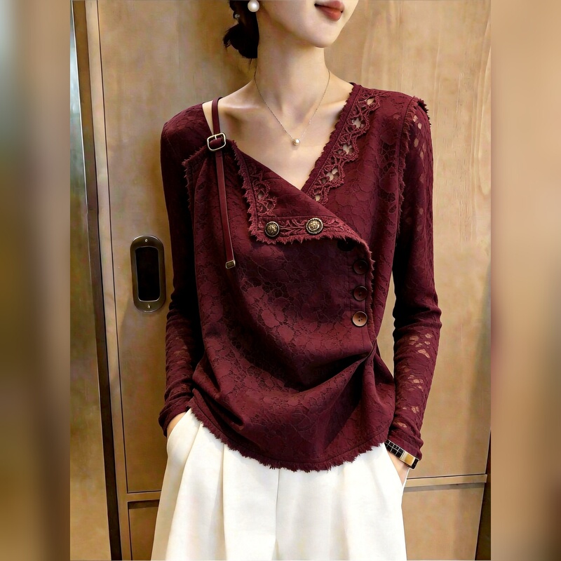 Burgundy Lace V-Neck Top for Women, Fashionable Casual Wear, Age-Reducing Style Shirt, New Autumn 2026 Model Burgundy Lace V-Neck Top for Women, Fashionable Casual Wear, Age-Reducing Style Shirt, New Autumn 2026 Model