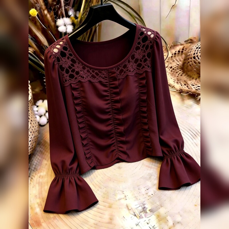 Casual Lace Patchwork Shirt for Women, Long-Sleeved Burgundy Slimming and Elegant High-End Top, New Model for Autumn 2026 Casual Lace Patchwork Shirt for Women, Long-Sleeved Burgundy Slimming and Elegant High-End Top, New Model for Autumn 2026