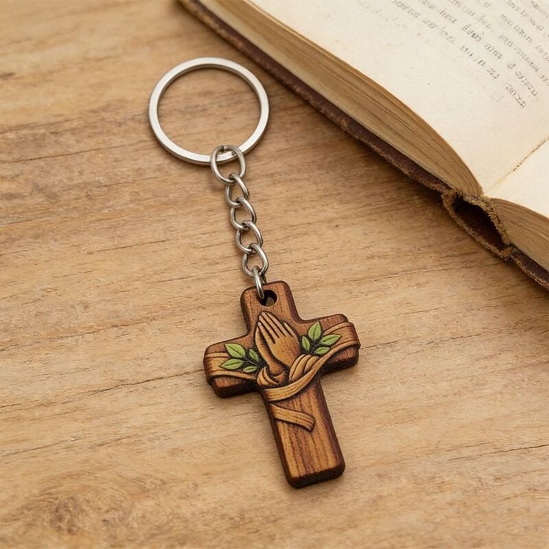 2026 New Wooden Hands in Prayer Cross Pendant Keychain Car Bag Accessory for Men and Women Simple Design