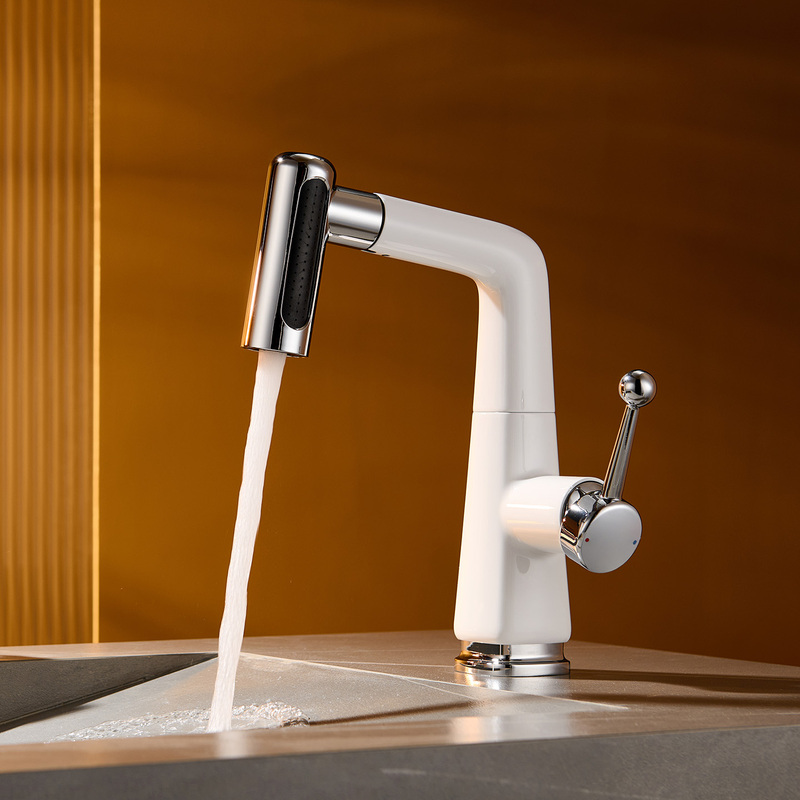 Trendy White Household Swivel Pull-Out Adjustable Bathroom Sink Faucet with Hot and Cold Water for Bathroom Cabinets Trendy White Household Swivel Pull-Out Adjustable Bathroom Sink Faucet with Hot and Cold Water for Bathroom Cabinets