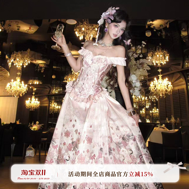 Pray for [Good Luck] [Lotus-Like Prosperity] Original Hanfu Half Skirt for Women Summer Fishbone Strapless Pink Mamian Skirt Set