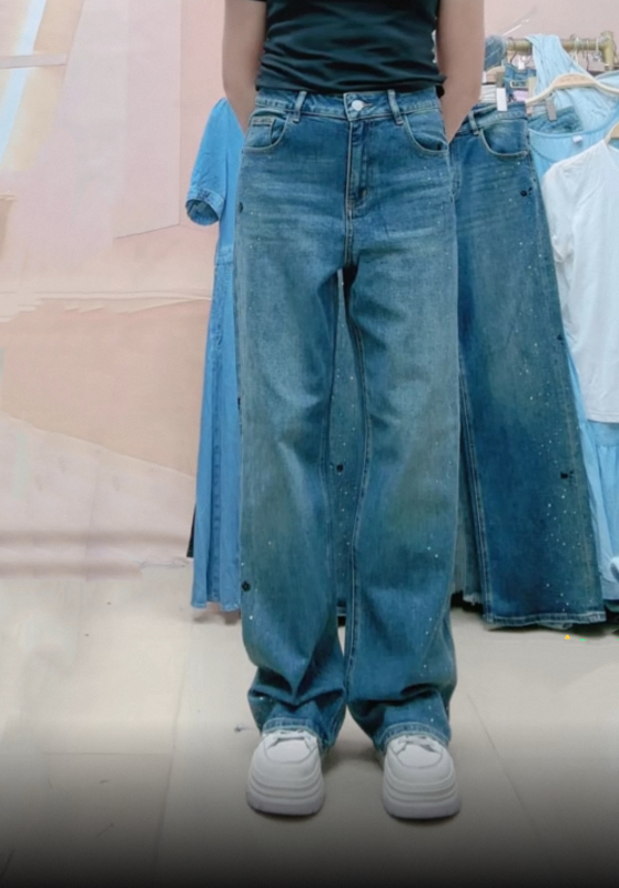 Najia Denim Straight Wide-Leg Pants with Rhinestones, High-Waisted, Stretchy, Slimming, Fashionable, Versatile, Casual, Spring/Summer Style Najia Denim Straight Wide-Leg Pants with Rhinestones, High-Waisted, Stretchy, Slimming, Fashionable, Versatile, Casual, Spring/Summer Style