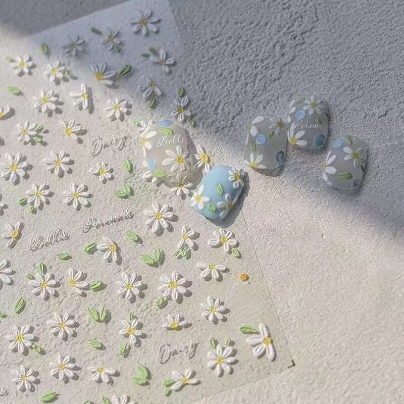 Fresh Spring Daisy Nail Stickers Embossed Plaid Daisy Spring Blossoms Romantic Nail Stickers
