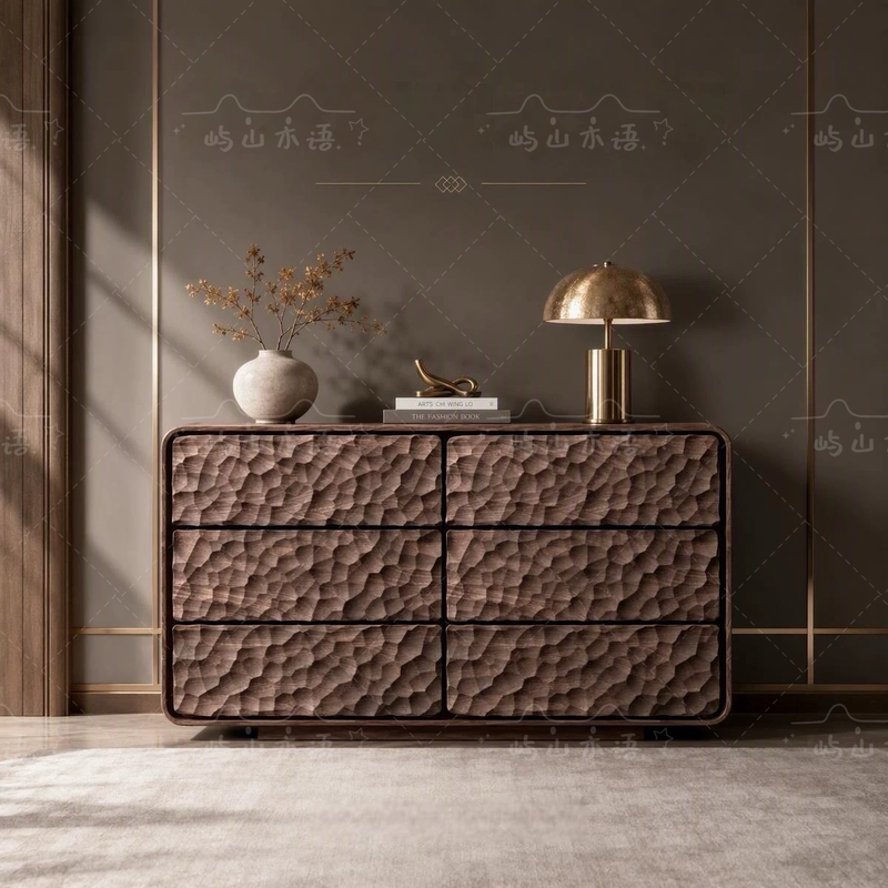 North American Black Walnut Wood Art Carving Storage Six-Drawer Cabinet in Antique Style, Solid Wood Integrated Wall-Mounted Bedroom Side Cabinet
