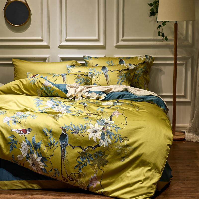 New Chinese-style flowers and birds 80-count Egyptian long-staple cotton satin four-piece set pure cotton quilt cover fitted sheet 1 8m bedding