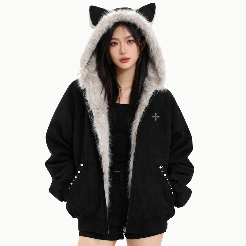 Mbd Little Devil American-Style Winter Thickened Cotton Coat with Beaded Cardigan and Fur Collar Suede Jacket for Women and Men
