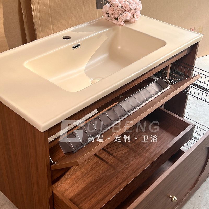 Guibeng Bathroom Cabinet with Vintage Style Storage Basket, Integrated Ceramic Basin, Bathroom Sink Cabinet
