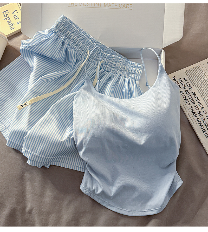 With chest pad All in one camisole vest female summer pure desire wind camisole stripe shorts pajamas Home Furnishings Two piece set