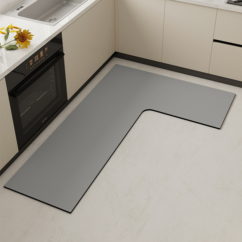 Modern high-end solid color L-shaped kitchen floor mat silicone algae mud absorbs water and oil, non-slip, anti-fall and dirt-resistant special carpet