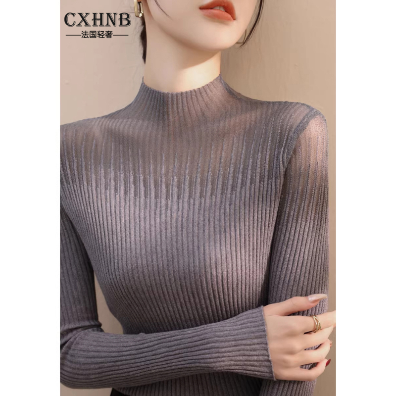 Cxhnb Spring and Autumn 2026 New Half-Turtleneck Lace Mesh Base Shirt for Women, French Style High-End Knitted Top t