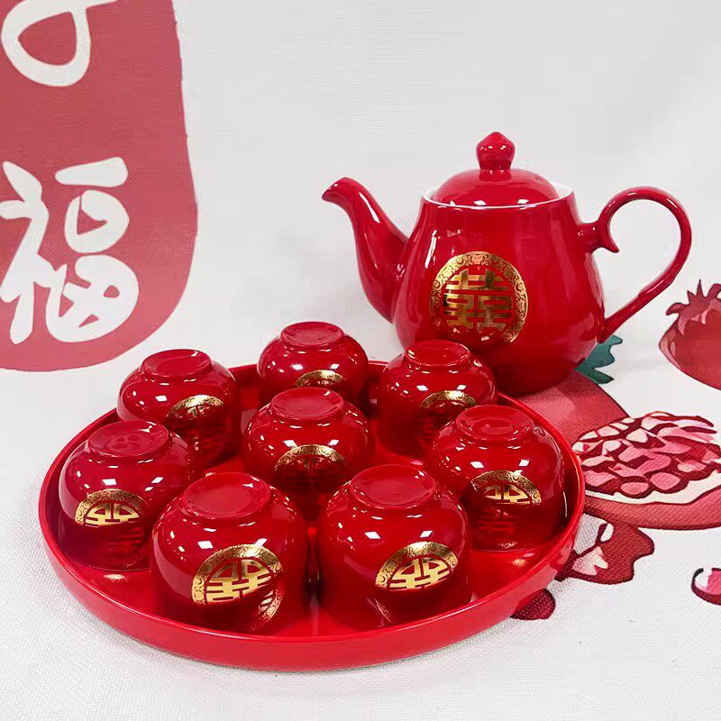 Wedding tea set tea cup set tea set wedding cup red pot ceramic newcomer change the mouth tea dowry newcomer gift