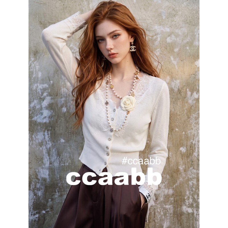 It: Ccaabb White Lace Trim V-Neck Long-Sleeved Knitwear for Women, Autum Gentle Style Cardigan Top It: Ccaabb White Lace Trim V-Neck Long-Sleeved Knitwear for Women, Autum Gentle Style Cardigan Top