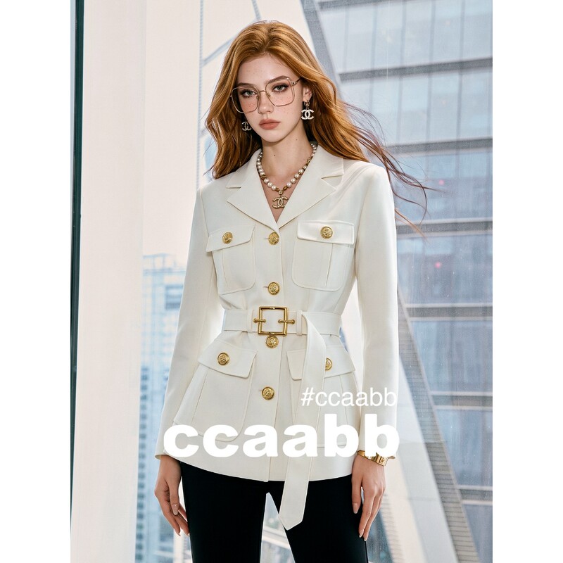 It: Ccaabb White Button-Down Chanel-Style Jacket for Women, High-End Autumn Style with a Belt, Waist-Cinching, Long-Sleeved Blazer It: Ccaabb White Button-Down Chanel-Style Jacket for Women, High-End Autumn Style with a Belt, Waist-Cinching, Long-Sleeved Blazer