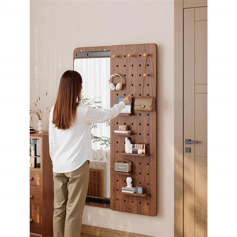 Perforated board dressing mirror hidden closable full-body fitting mirror coat rack integrated entrance door sliding hidden