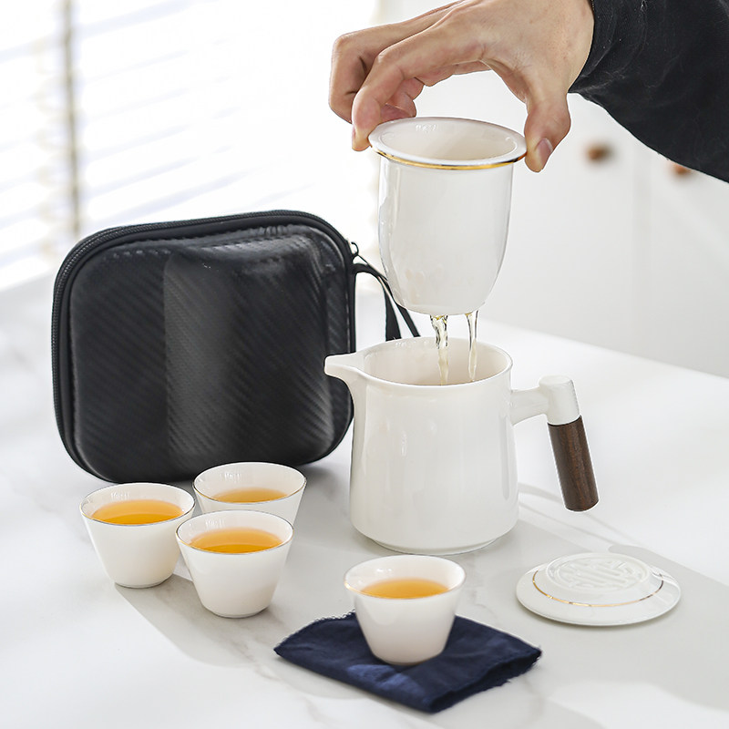 Portable travel tea set set mutton fat jade porcelain tea cup anti-scalding with tea tray simple camping quick cup for business trip