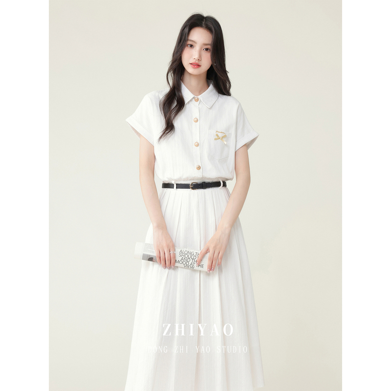 Dong Zhiyao's New Summer French Preppy Style White Short-Sleeved Shirt Dress for Women, Elegant Waist-Cinching Slimming Long Dress