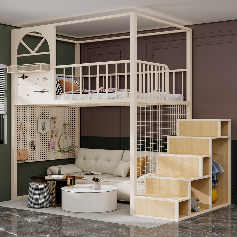 Treehouse Castle Princess Bed with a Second Floor, Open Space under the Bed, Elevated Bed with a Table, Upper and Lower Bunk Combination, Staggered High-Low Bed, Duplex Second Floor
