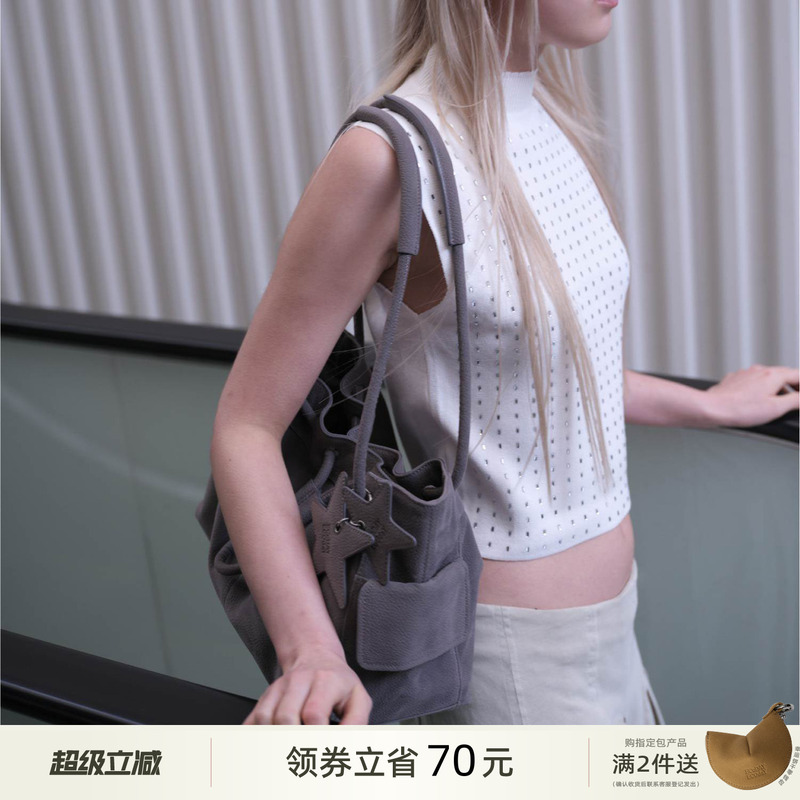 Ecoday Original Designer Gray Elephant Bag Drawstring Bucket Bag Women's Shoulder Handbag
